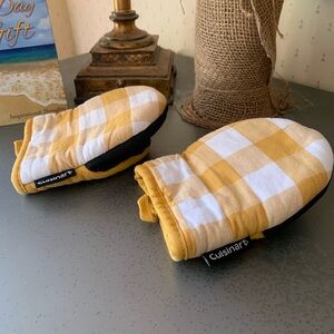 2 Cuisinart mini oven mitts, size 5.5 X 7. YELLOW and WHITE check BLACK palm.